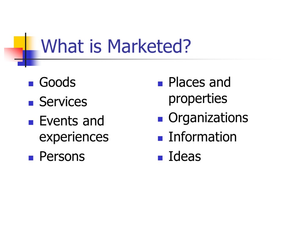 What is Marketed? Goods Services Events and experiences Persons Places and properties Organizations Information